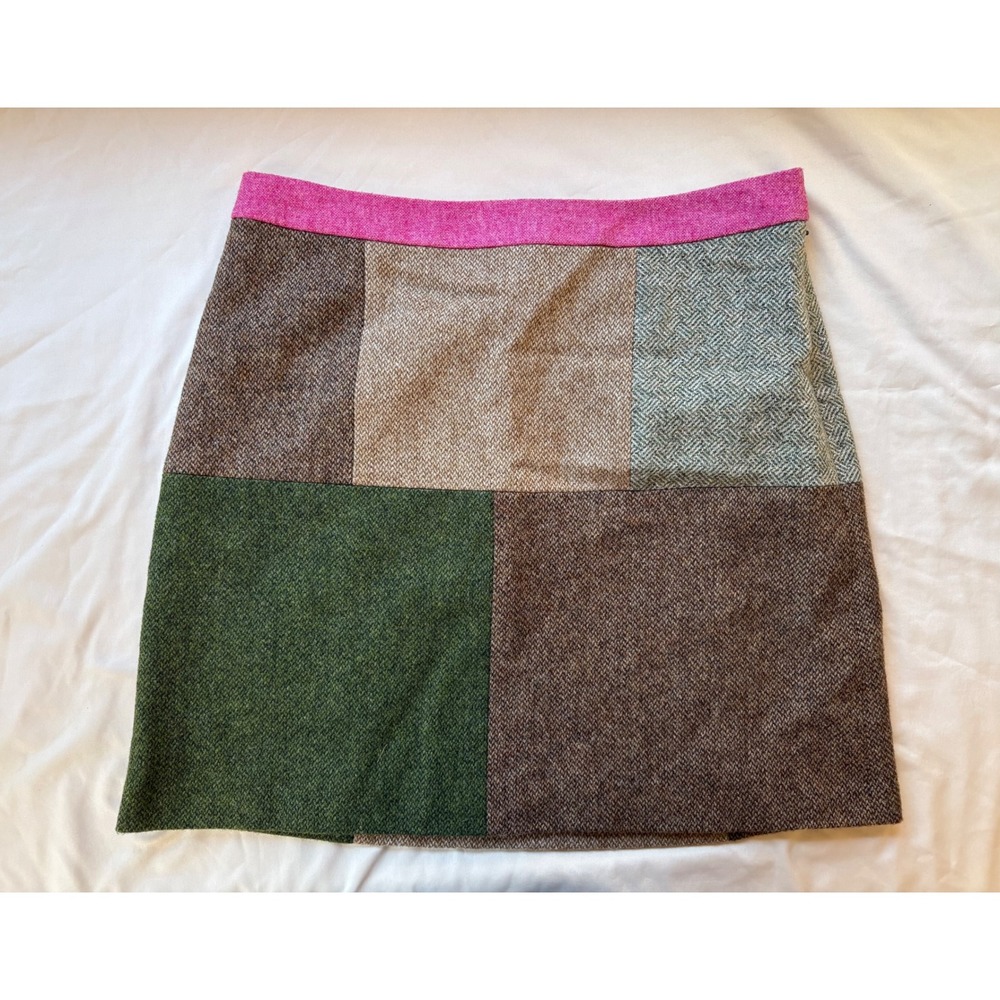 Brooks Brothers Red Fleece Wool Patchwork Herringbone Mini Skirt Pink Green 12